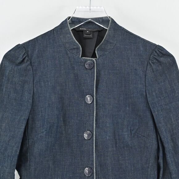 MARC JACOBS Peplum Denim Jacket Stand Collar Size 2 Puff Sleeve Vintage Y2k 00s - Picture 2 of 14